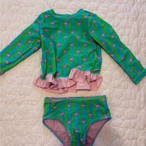 Ruffle Butts Girls’ Green & Pink Flamingo Ruffle Rashguard Set